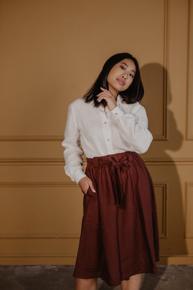 Women's Gathered Linen Skirt with Belt-EVELYN - Linen and Letters