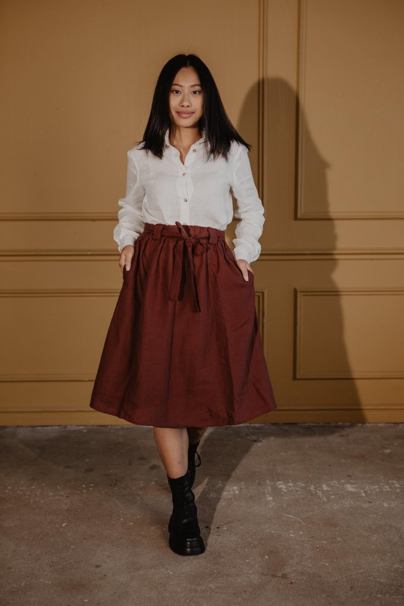 Women's Gathered Linen Skirt with Belt-EVELYN - Linen and Letters