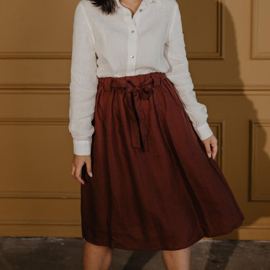 Women's Gathered Linen Skirt with Belt-EVELYN - Linen and Letters